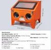 An orange sandblasting cabinet with dimensions and specifications listed. Anteprima dell’immagine prodotto