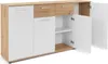 A white and wood-tone sideboard with two drawers and two doors, one of which is open. Produktbild-Vorschau