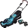 A teal and black Makita cordless lawnmower with two batteries and a charger, displayed on a white background. Náhled obrázku produktu