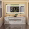A modern bathroom vanity with a large illuminated mirror. Produktbild-Vorschau