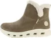 A side view of a brown boot with white fur trim and a white sole. Produktbild-Vorschau