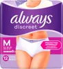 A package of Always Discreet incontinence underwear for women, showing a portion of a woman's torso wearing the product. Podgląd zdjęcia produktu