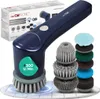 A blue electric cleaning brush with multiple attachments is displayed on a tiled surface, with its packaging in the background. Produktbild-Vorschau