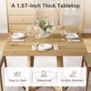 A wooden dining table set for a meal, with place settings and a floral centerpiece. The image also highlights product features. Podgląd zdjęcia produktu