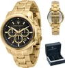 A gold Maserati chronograph watch with a black dial, shown from multiple angles, along with its presentation box. Náhled obrázku produktu