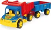 A toy dump truck with a trailer, shown from a diagonal front-left perspective against a white background. Produktbild-Vorschau