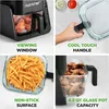 A collage of four images showcasing a NutriChef air fryer and grill, highlighting its features like a viewing window, cool touch handle, non-stick surface, and capacity. It also shows food being prepared in it, such as chicken wings and french fries. Produktbild-Vorschau