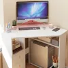 A white corner computer desk with a monitor, keyboard, mouse, and various desk accessories. Podgląd zdjęcia produktu
