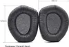 Two black ear pads for headphones are shown side-by-side with dimensions indicated. Produktbild-Vorschau