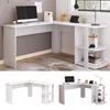 A collage of images showing a white L-shaped desk with shelves, both in a room setting and isolated on a white background. Anteprima dell’immagine prodotto