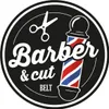 A circular logo for a barber shop with a barber pole and scissors. Produktbild-Vorschau