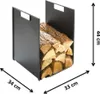 A black metal firewood rack filled with logs, with dimensions indicated by arrows and text. Produktbild-Vorschau