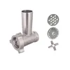 Parts of a meat grinder, including the grinding head, two plates with holes, and a blade, are shown against a white background. Podgląd zdjęcia produktu