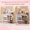 A split image showing two identical children's vanity sets, one with LED lights around the mirror and the other without. The sets include a mirror, shelves, a chair, and storage boxes. Náhled obrázku produktu