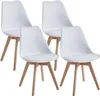 Four white chairs with wooden legs arranged in a group.