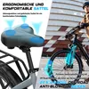A person riding an e-bike, with close-ups of the saddle and front wheel highlighting features. Produktbild-Vorschau