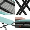 A collage of four close-up images of a turquoise ironing board with black metal legs. Produktbild-Vorschau