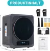 A gray compact dryer with a black front panel and a digital display, shown with various mounting accessories and an instruction manual. Produktbild-Vorschau