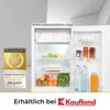An open refrigerator filled with food items, next to a marketing award and a logo. Produktbild-Vorschau