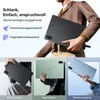 A collage of images showcasing a tablet in different colors and angles, with descriptive text about its features. Voir les images du produit