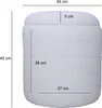 A white upholstered stool with dimensions indicated by measurement lines and text. Náhled obrázku produktu