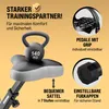 Marketing image for a home trainer, highlighting features like the seat, pedals, and foot caps. Produktbild-Vorschau