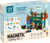 The image shows the packaging of a magnetic building tile set, with a 3D model of the assembled toy in the foreground. Náhľad obrázku produktu