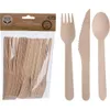 A package of wooden cutlery set and three individual pieces of cutlery (fork, knife, spoon) are displayed. Produktbild-Vorschau