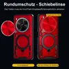 Two red phone cases are shown side-by-side against a black background, with text overlays and a separate red circular object on the left. Produktbild-Vorschau