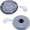 The image shows the bottom of a gray electric kettle base with a white power cord and plug, and a close-up of the same base from a different angle. Produktbild-Vorschau
