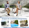 A couple sitting at a table on a patio, with smaller images below showing a backyard, a swimming pool, and a tent in the snow. Produktbild-Vorschau