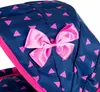 A close-up view of a navy blue doll stroller hood with a pink bow and pink triangle pattern. Produktbild-Vorschau