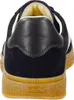 The back view of a navy blue sneaker with a brown leather heel accent and a tan rubber sole. Anteprima dell’immagine prodotto