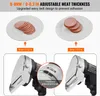 A collage showing sliced meat on plates and close-ups of an electric slicer with adjustable thickness. Náhled obrázku produktu