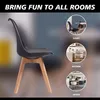 A black chair with wooden legs is shown in the foreground, with smaller circular images of the chair in different room settings (study, kitchen, office) on the right side. Text overlays the top of the image. Voir les images du produit
