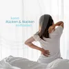 A woman is sitting on a bed, holding her back and neck, with text overlay indicating relief. Produktbild-Vorschau