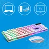 A keyboard and mouse combination with colorful backlighting, shown with icons indicating compatibility with laptops, PCs, and TVs. Produktbild-Vorschau
