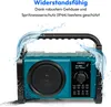 A teal and black portable radio is shown with water splashing over it, highlighting its water-resistant feature. Produktbild-Vorschau
