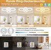 A collage of images showing a modern ring-shaped ceiling light in different lighting conditions and brightness levels, along with remote control and app interface. Voir les images du produit