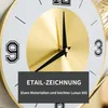 A close-up of a wall clock with a brass-colored face and black hands, showing the numbers 3 and 9. A dark gray overlay with text is present. Produktbild-Vorschau