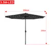A dark gray patio umbrella with LED lights, showing dimensions. Produktbild-Vorschau