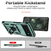 A teal phone case with a kickstand and ring holder is shown, along with a comparison of its thickness to another case. Produktbild-Vorschau