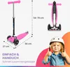 A pink three-wheeled scooter is shown with dimensions, and a child wearing a helmet gives a thumbs up. Produktbild-Vorschau