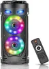 A portable Bluetooth speaker with colorful LED lights and a remote control. Produktbild-Vorschau