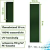 A dark green tarp with dimensions and features listed, alongside a smaller view of the tarp and a logo. Produktbild-Vorschau