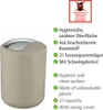 A taupe colored trash can with a silver lid is shown next to a list of its features in German and English. Produktbild-Vorschau