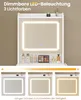 A vanity table with a lighted mirror and makeup products displayed on a shelf below. Three smaller images at the bottom show different lighting options for the mirror. Voir les images du produit