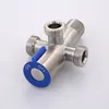A close-up studio shot of a 3-way stainless steel angle valve. Náhľad obrázku produktu