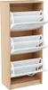 A wooden shoe cabinet with three white flip-down drawers. Produktbild-Vorschau