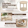 Collage of images showcasing a round side table with text descriptions of its features. Podgląd zdjęcia produktu